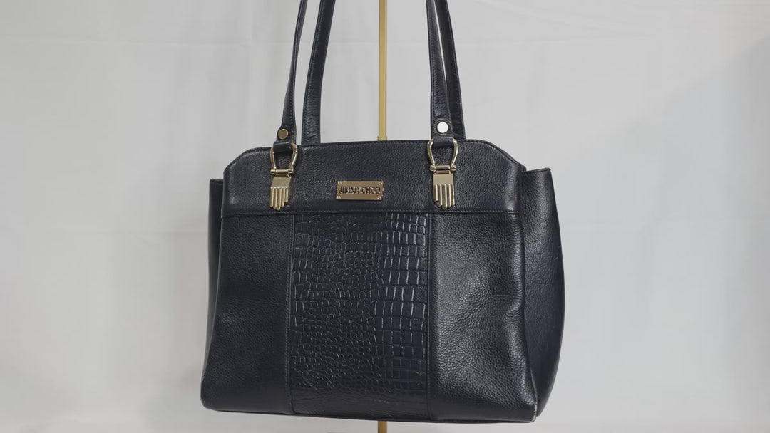 Jimmy Choo Textured Leather Crocodile Embossed Navy Blue Handbag