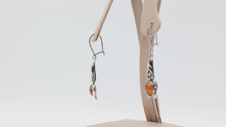 925 Sterling Silver Flower Dangle Earrings with Amber Gemstones