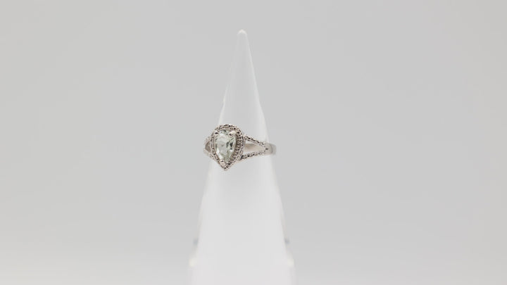 925 Sterling Silver Pear Cut Green Quartz and Diamond Halo Accents Ring Size 7