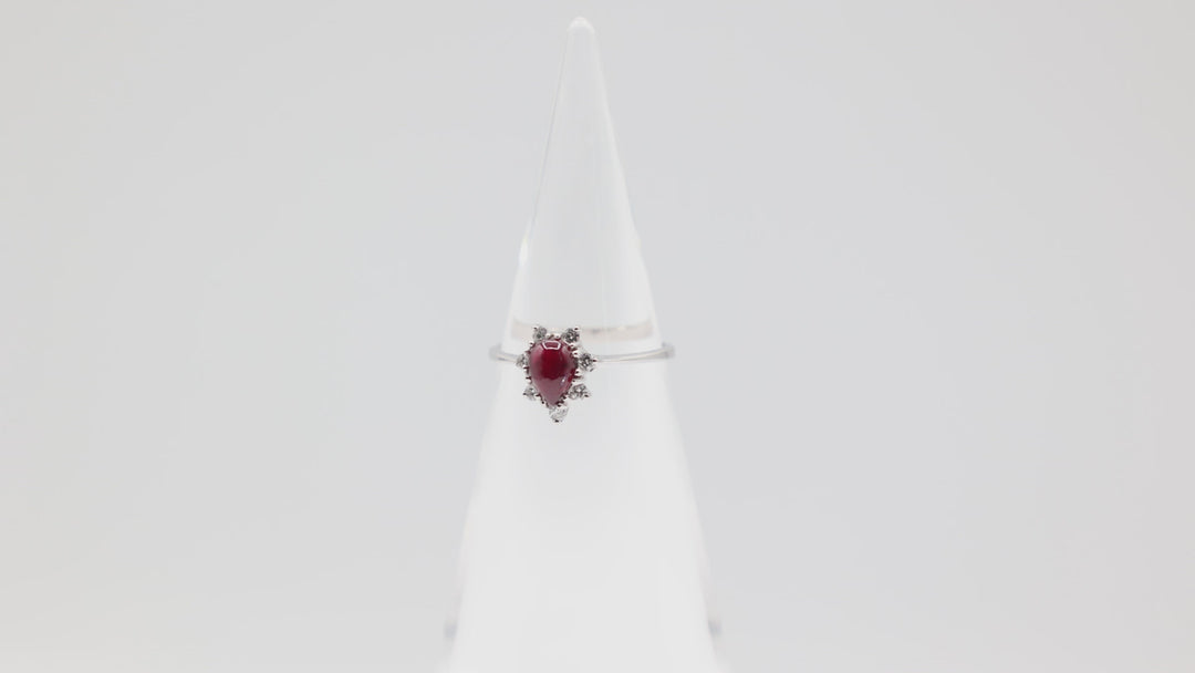 14k White Gold Band with Pear Shaped Ruby and Seven Diamonds Ring Size 6