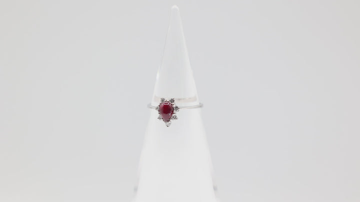 14k White Gold Band with Pear Shaped Ruby and Seven Diamonds Ring Size 6