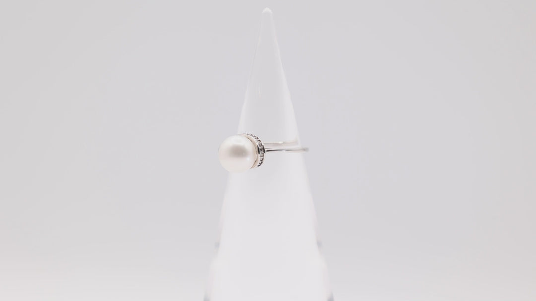 925 Silver Faux Pearl Halo With White CZ Ring Size 9