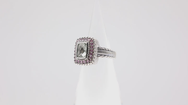 Judith Ripka 925 Sterling Silver Green Amethyst w/ Pink Sapphire Ring- Size 8