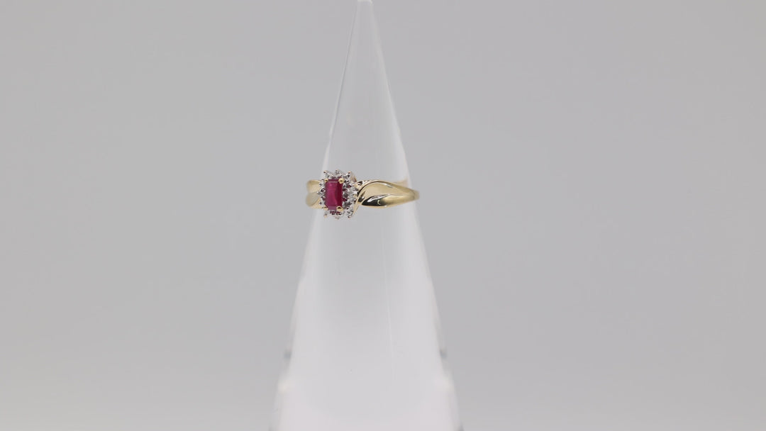 14K Yellow Gold Pink Sapphire 6x3mm Halo Ring With White Diamonds 2mm Size 6.75