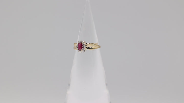 14K Yellow Gold Pink Sapphire 6x3mm Halo Ring With White Diamonds 2mm Size 6.75