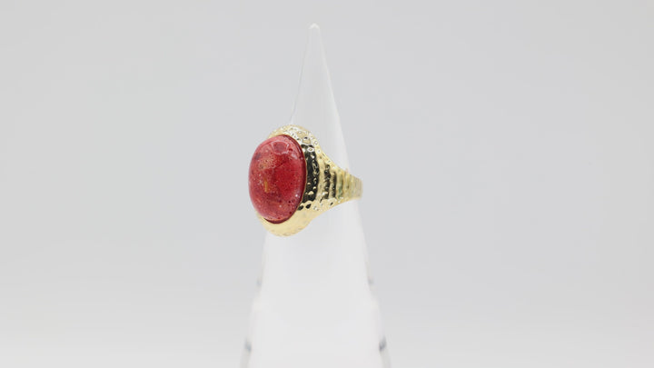 Costume Gold Plated Coral Stone Ring 20x15mm Size 10