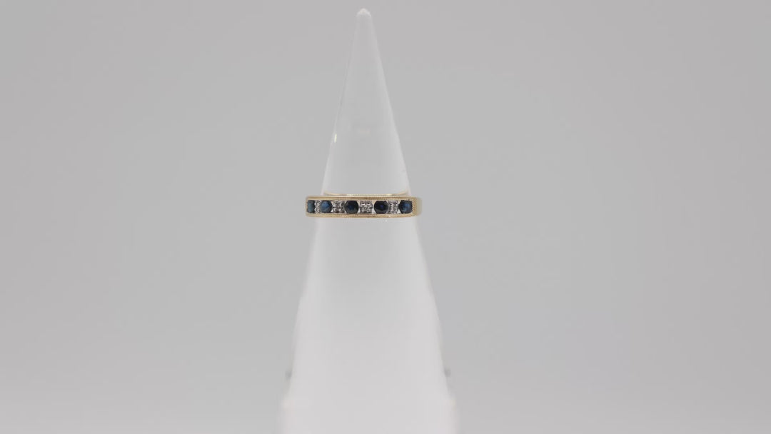 14k Channel Yellow Gold Diamond and Sapphire Ring - Size 7