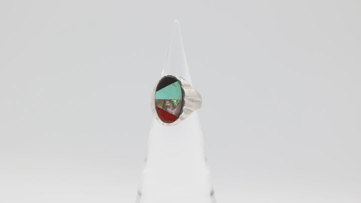 925 Sterling Silver Turquoise Coral Abalone & Onyx Inlay Navajo Inspired Ring Size 9