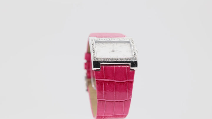 Anne Klein 10/6703 Rectangular Silver Watch with Rhinestones and Pink Leather Band