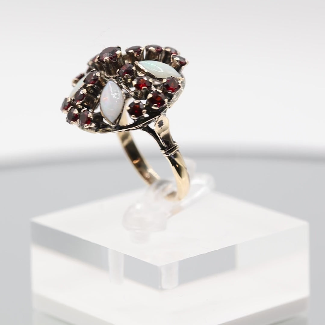 14k Gold Victorian Revival Red Garnet and Opal Cluster Ring - Size 7.25