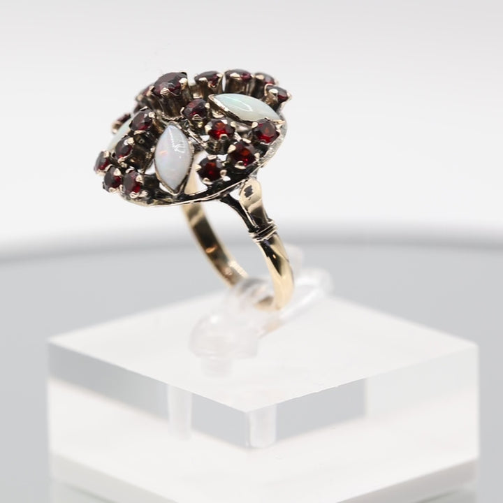 14k Gold Victorian Revival Red Garnet and Opal Cluster Ring - Size 7.25
