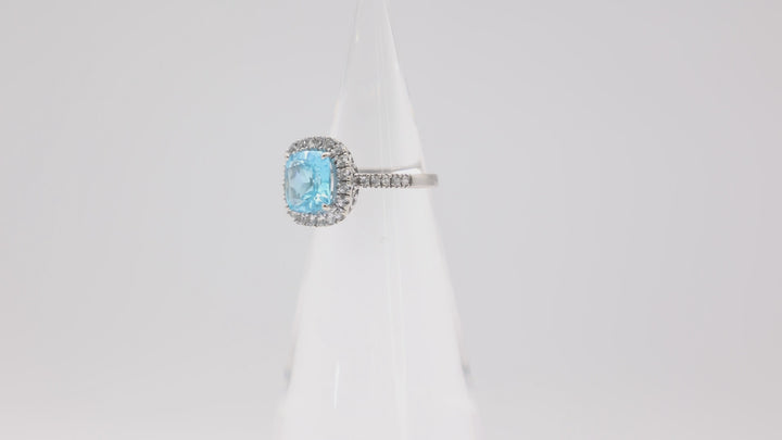 14k White Gold x25 2mm Round White/9mm Blue Topaz Cushion Cut Ring - Size 6.75 / 3.80 g