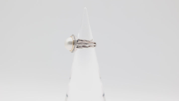 925 Silver/14K Gold RL 11.5mm Pearl & Diamond Halo Twisted Ring Size 6.75