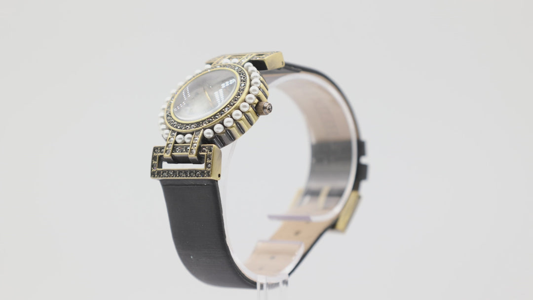 Heidi Daus Pearl and Crystal Halo Watch with Mother of Pearl Dial and Black Genuine Leather Band
