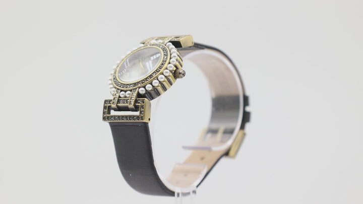 Heidi Daus Pearl and Crystal Halo Watch with Mother of Pearl Dial and Black Genuine Leather Band