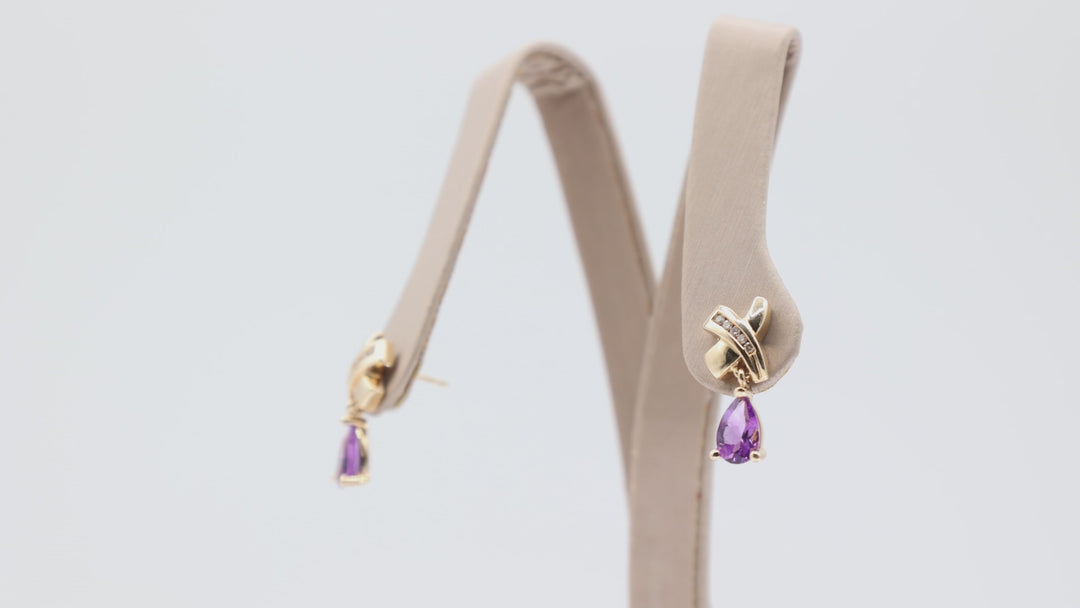 14k Yellow Gold X with Diamonds and Amethyst Dangle Earrings