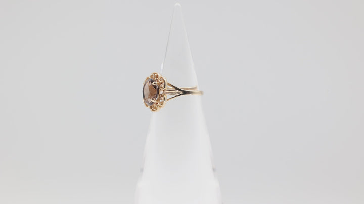 10k Yellow Gold Round Filigree Smokey Quartz Ring Size 6.5