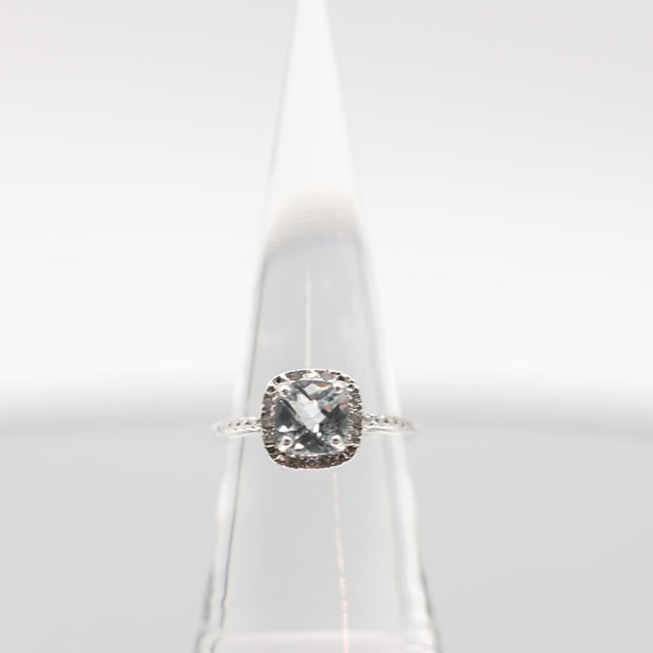 925 Sterling Silver Blue Topaz and White Diamond Halo Ring - Size 6.5
