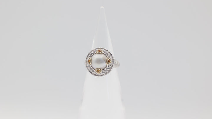 Judith Ripka 925 Sterling Silver Pearl Four Citrine Ring Size 8.75