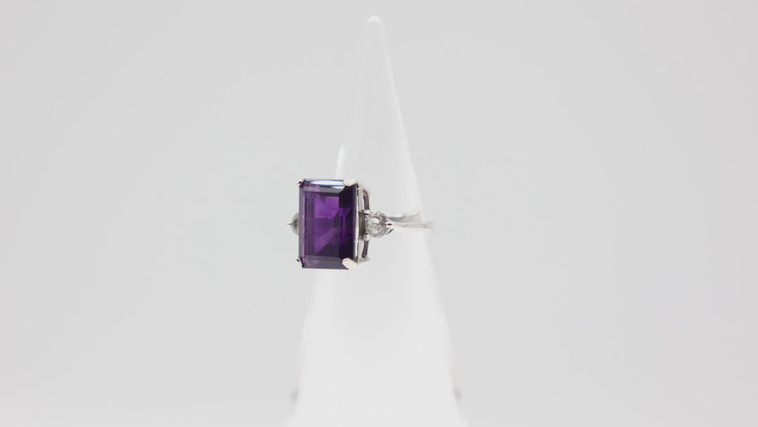 925 Sterling Silver Emerald Cut Amethyst Stone Ring with Round White Spinel Accents Size 7