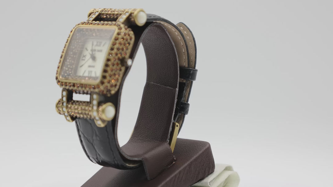 Heidi Daus Timeless Beauty Pave Bezel Black Leather Strap Watch