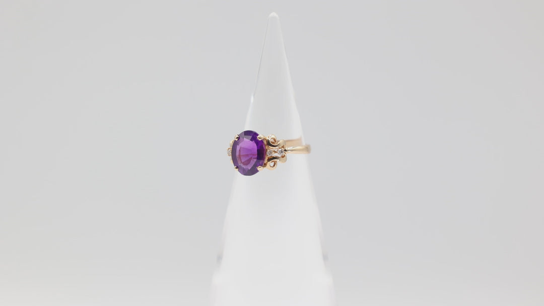 14k Yellow Gold Swirl Band with 11mm x 9mm Oval Purple Spinel Stone and Four Diamond Accents Ring Size 7