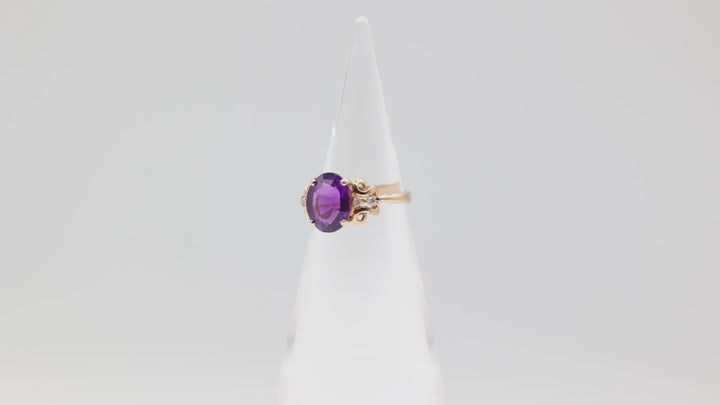 14k Yellow Gold Swirl Band with 11mm x 9mm Oval Purple Spinel Stone and Four Diamond Accents Ring Size 7