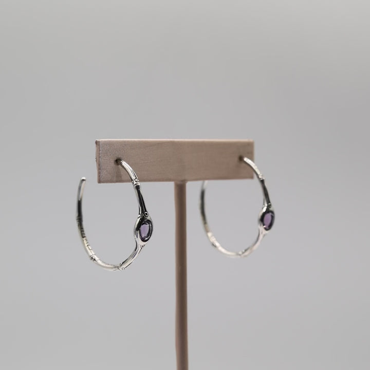 925 Sterling Silver John Hardy Batu Amethyst Bamboo Hoop Earrings 8.5g
