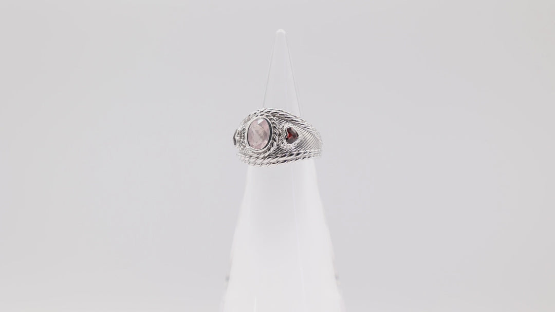 Judith Ripka 925 Sterling Silver Rose Quartz and Garnet Hearts Ring- Size 6- 13.2g