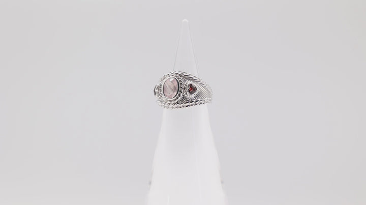 Judith Ripka 925 Sterling Silver Rose Quartz and Garnet Hearts Ring- Size 6- 13.2g