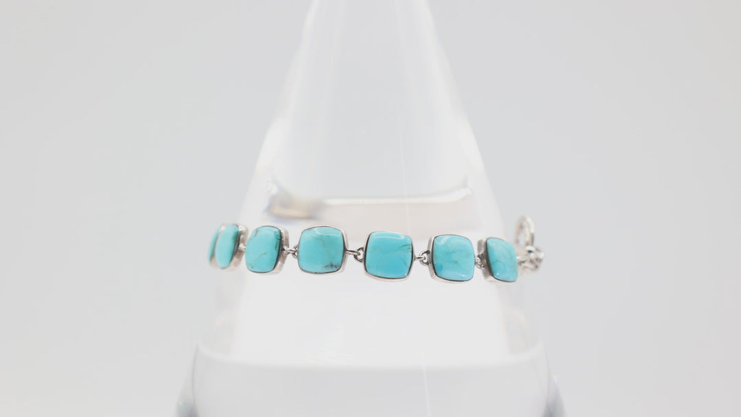 925 Sterling Silver Square Turquoise Stone Linked Bracelet