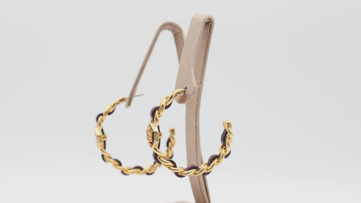 Tory Burch Gold Tone Brown Leather Twisted Hoop Earrings
