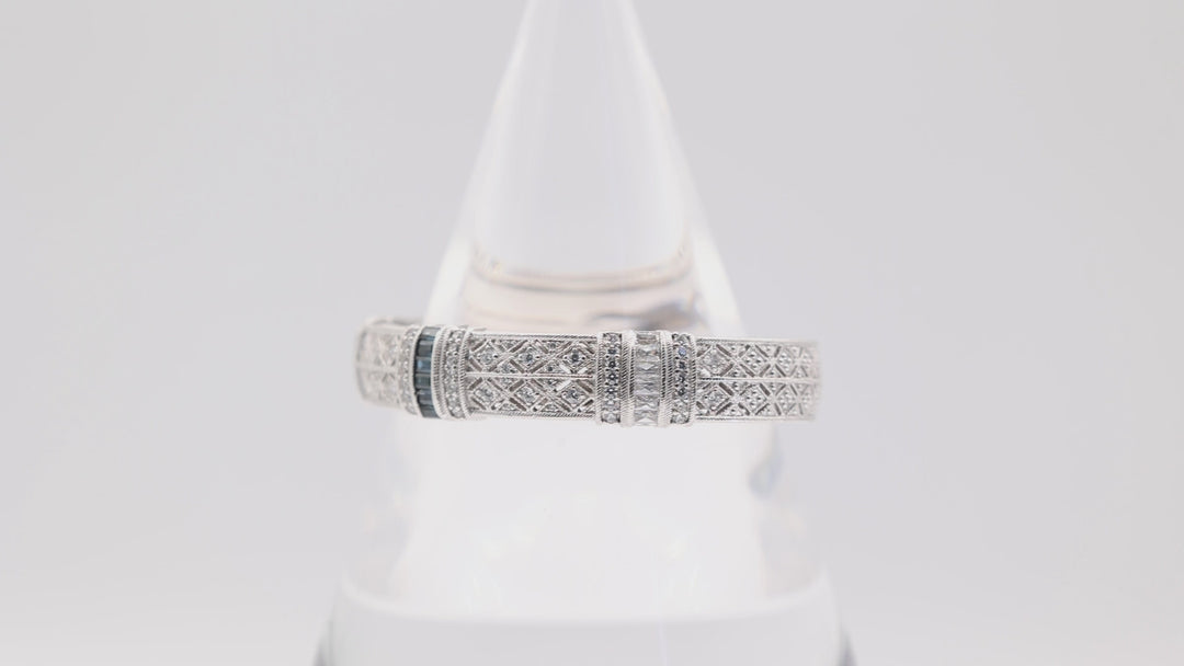 Judith Ripka 925 Silver Blue Sapphire and White Crystal Bangle Bracelet with Hinge - 6.5in