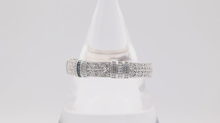 Judith Ripka 925 Silver Blue Sapphire and White Crystal Bangle Bracelet with Hinge - 6.5in