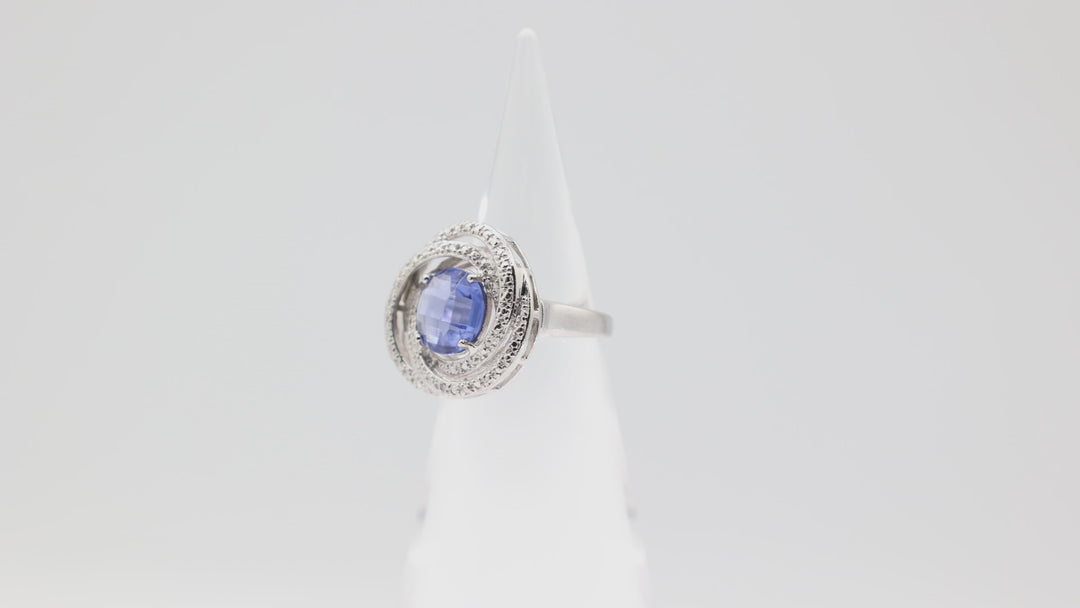 925 Sterling Silver 11mm Round Blue Stone Twisted Circular Halo Ring Size 9.5