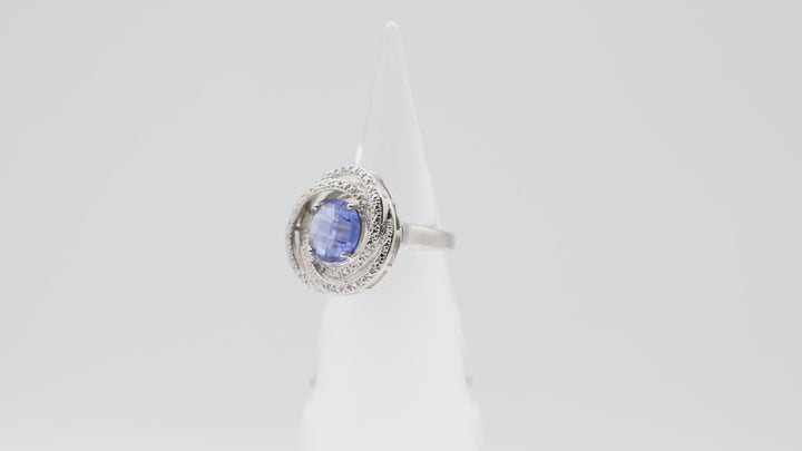 925 Sterling Silver 11mm Round Blue Stone Twisted Circular Halo Ring Size 9.5