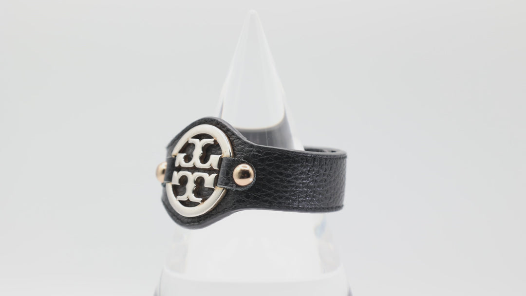 Tory Burch Black Leather Gold Tone Logo Bracelet
