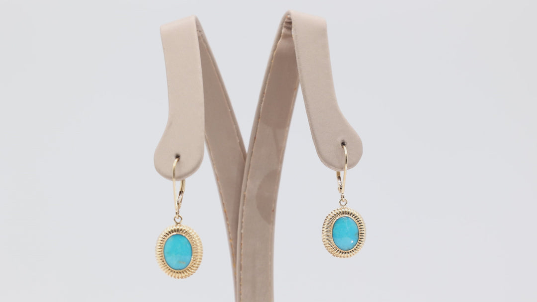 14k Yellow Gold Oval Turquoise 9x7mm Lever Back Dangle Earrings