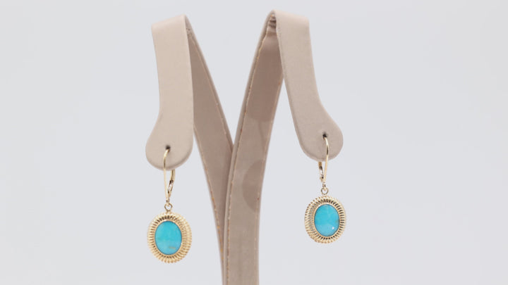 14k Yellow Gold Oval Turquoise 9x7mm Lever Back Dangle Earrings