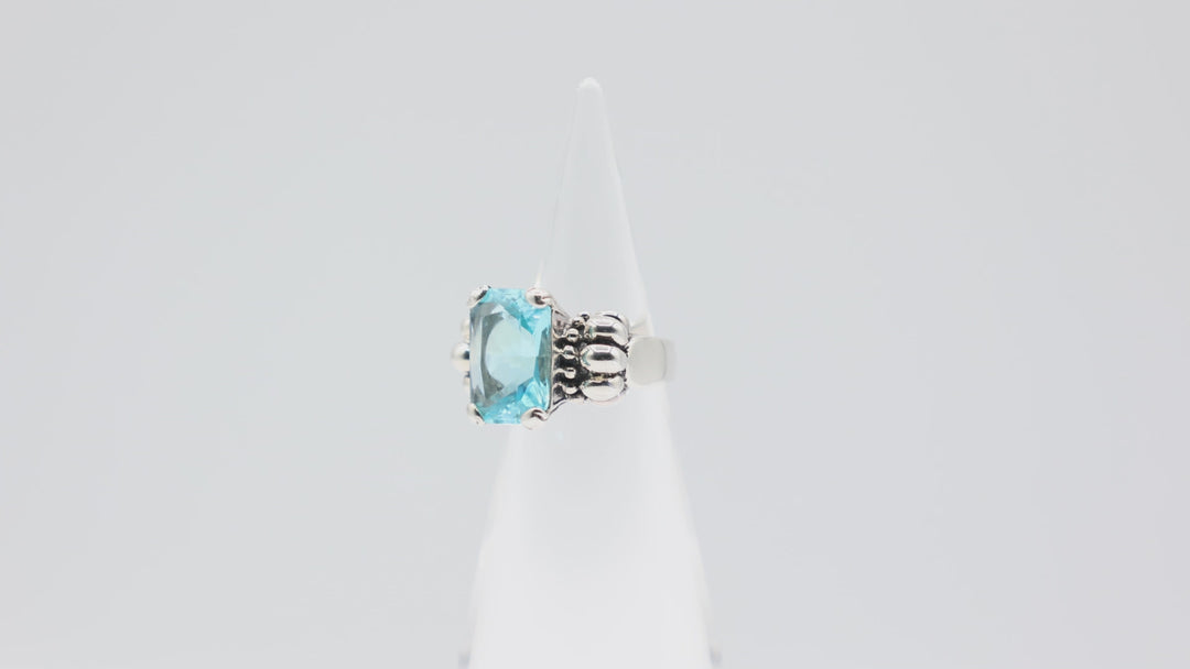 925 Sterling Silver Emerald Cut Blue Stone Ring Size 5.5