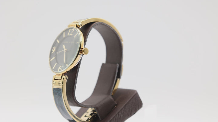 Anne Klein Large Round Navy Blue Watch with Gold Tone Trim and Navy Blue Marble Style Band