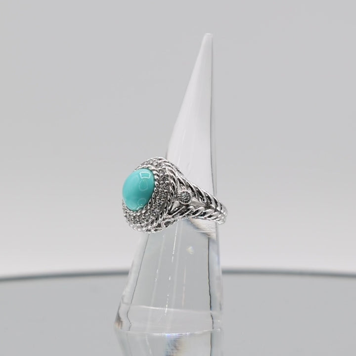 Judith Ripka Sterling Silver Dazzling Round Turquoise Ring with Cubic Zirconia Accents- Size 6