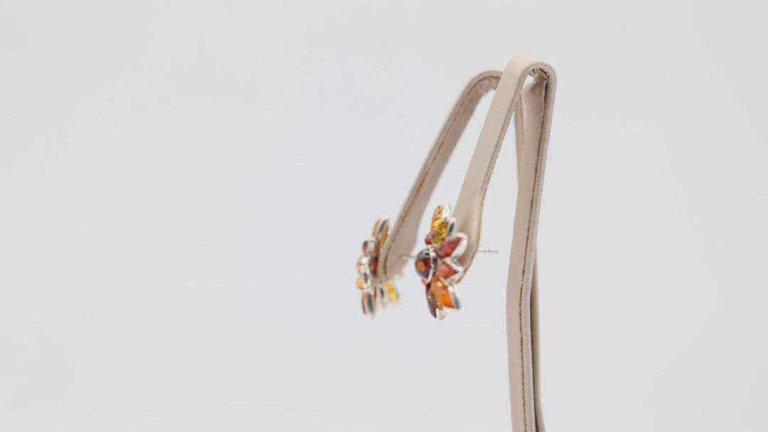 925 Sterling Silver Amber Flower Stud Earrings