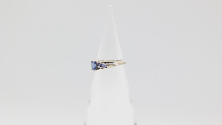 10k White Gold 6x4mm Emerald Cut Blue Sapphire Stone and Accents Ring Size 8.75
