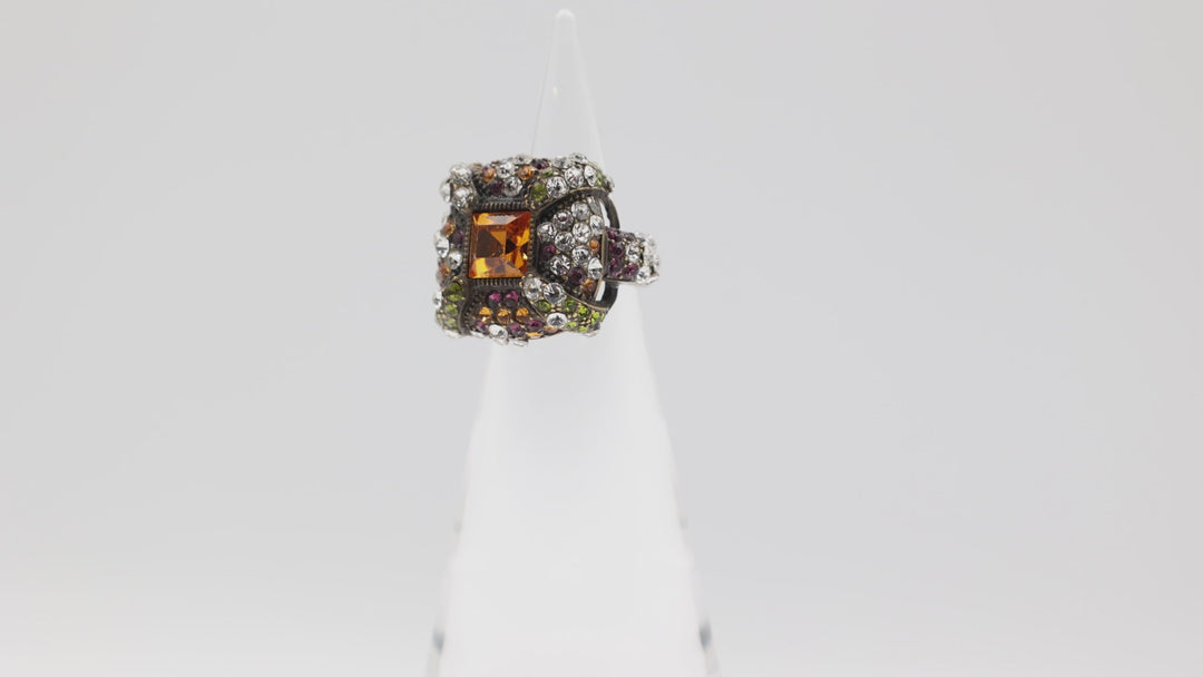 Heidi Daus Square Green, Purple, White, and Orange Stones Cocktail Ring Size 7