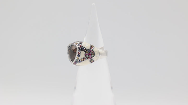 Effy 925 Sterling Silver Smokey Quartz Multi Color Sapphire Cream Enamel Ring Size 8.75