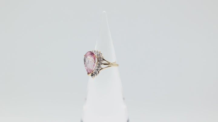 14K Yellow Gold Pear Pink Sapphire Diamond Halo Ring 8.25