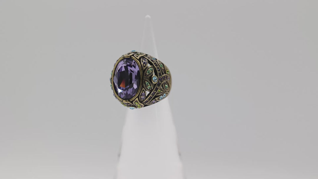 Brass Heidi Daus Purple Rhinestone Ring Green And Blue Accent Stones Size 6.5
