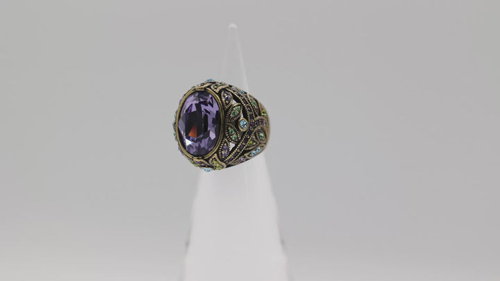 Brass Heidi Daus Purple Rhinestone Ring Green And Blue Accent Stones Size 6.5