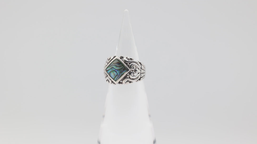 925 Sterling Silver Abalone Stone Ring 12.5mm Size 8.75